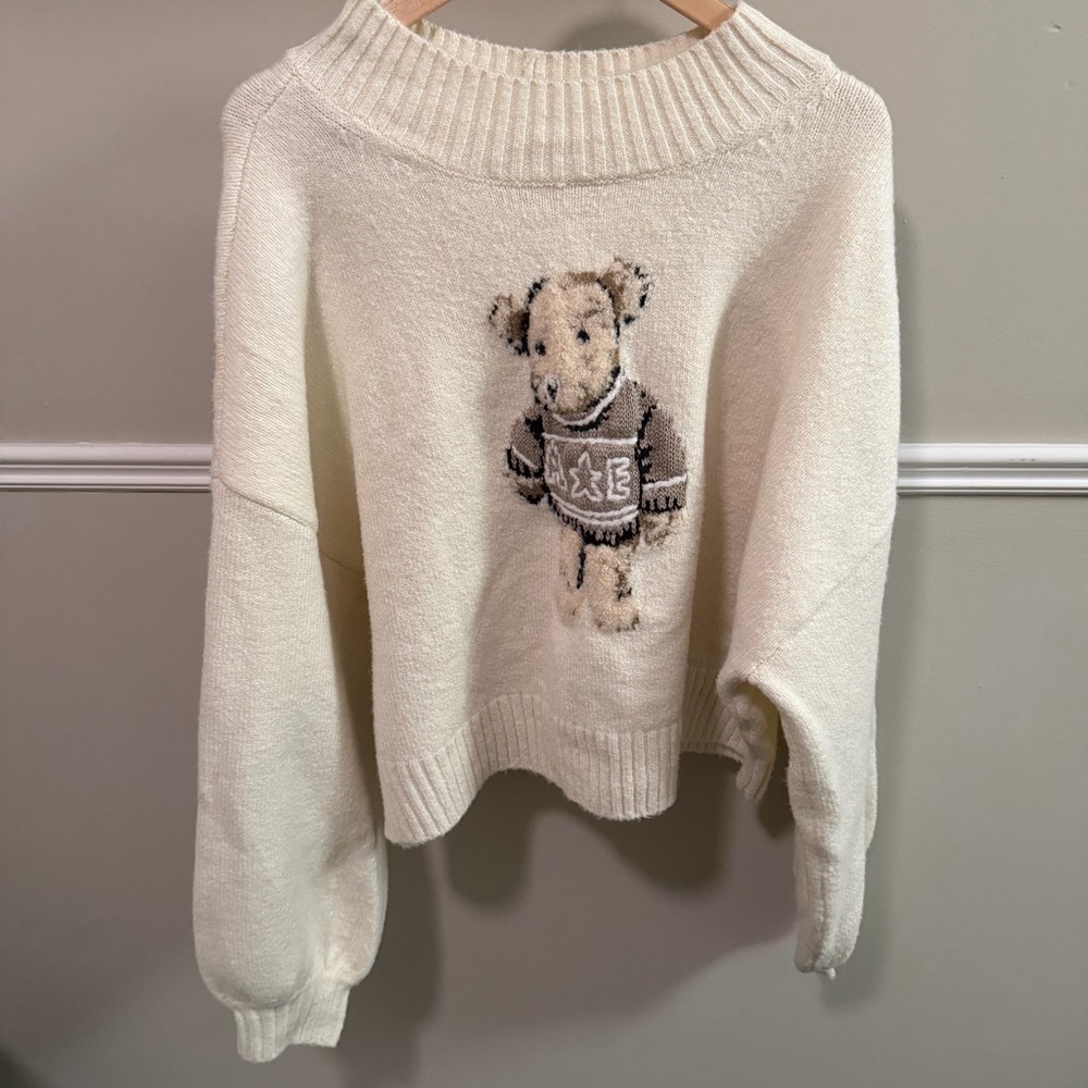 🐻 American Eagle Teddy Bear Knit Sweater | Cream Cozy Pullover | XXL